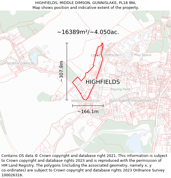 HIGHFIELDS, MIDDLE DIMSON, GUNNISLAKE, PL18 9NL: Plot and title map