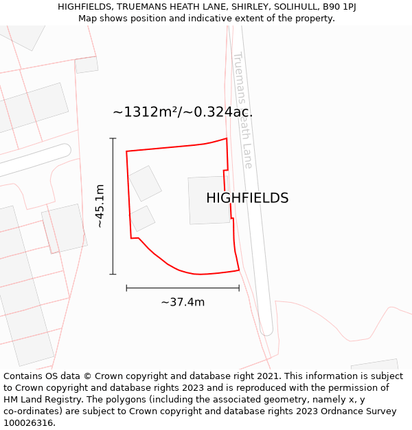 HIGHFIELDS, TRUEMANS HEATH LANE, SHIRLEY, SOLIHULL, B90 1PJ: Plot and title map