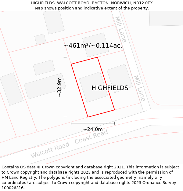 HIGHFIELDS, WALCOTT ROAD, BACTON, NORWICH, NR12 0EX: Plot and title map