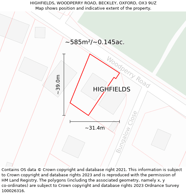 HIGHFIELDS, WOODPERRY ROAD, BECKLEY, OXFORD, OX3 9UZ: Plot and title map