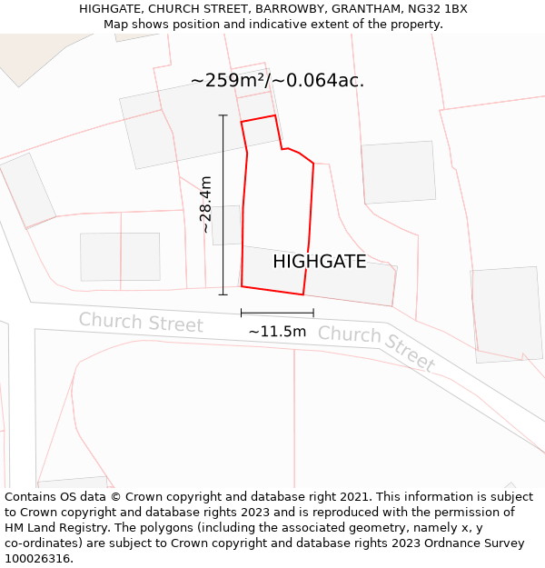 HIGHGATE, CHURCH STREET, BARROWBY, GRANTHAM, NG32 1BX: Plot and title map