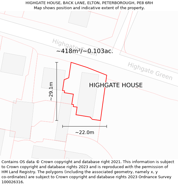 HIGHGATE HOUSE, BACK LANE, ELTON, PETERBOROUGH, PE8 6RH: Plot and title map