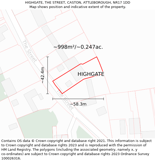 HIGHGATE, THE STREET, CASTON, ATTLEBOROUGH, NR17 1DD: Plot and title map