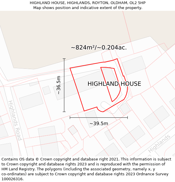 HIGHLAND HOUSE, HIGHLANDS, ROYTON, OLDHAM, OL2 5HP: Plot and title map