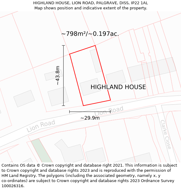 HIGHLAND HOUSE, LION ROAD, PALGRAVE, DISS, IP22 1AL: Plot and title map