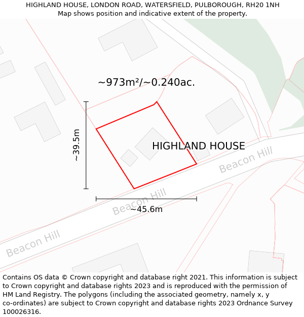 HIGHLAND HOUSE, LONDON ROAD, WATERSFIELD, PULBOROUGH, RH20 1NH: Plot and title map