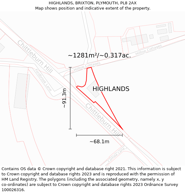 HIGHLANDS, BRIXTON, PLYMOUTH, PL8 2AX: Plot and title map