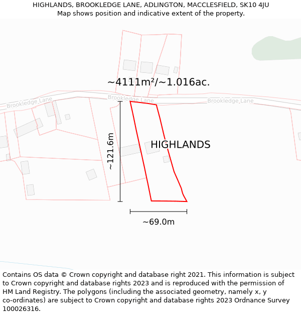 HIGHLANDS, BROOKLEDGE LANE, ADLINGTON, MACCLESFIELD, SK10 4JU: Plot and title map