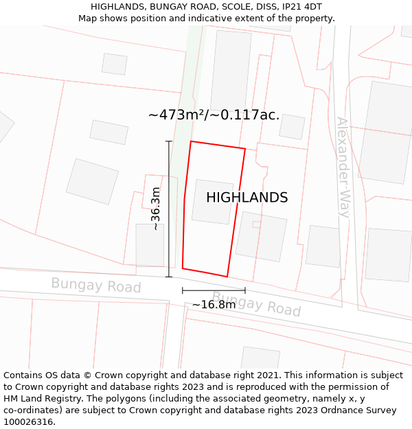 HIGHLANDS, BUNGAY ROAD, SCOLE, DISS, IP21 4DT: Plot and title map