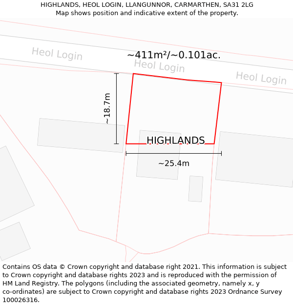 HIGHLANDS, HEOL LOGIN, LLANGUNNOR, CARMARTHEN, SA31 2LG: Plot and title map