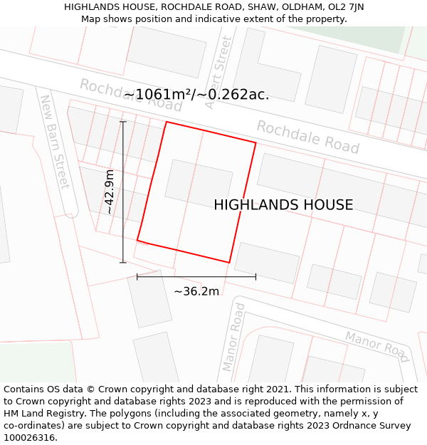 HIGHLANDS HOUSE, ROCHDALE ROAD, SHAW, OLDHAM, OL2 7JN: Plot and title map