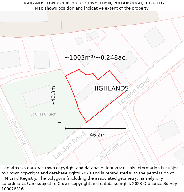 HIGHLANDS, LONDON ROAD, COLDWALTHAM, PULBOROUGH, RH20 1LG: Plot and title map