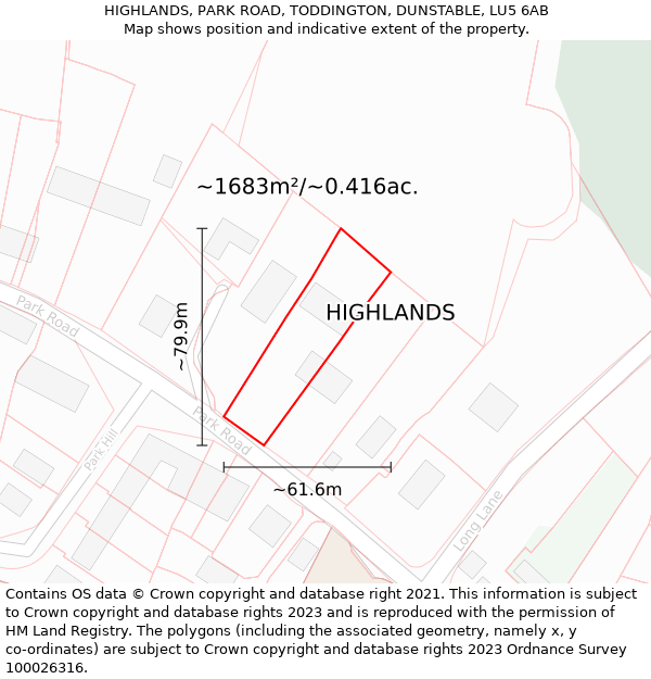 HIGHLANDS, PARK ROAD, TODDINGTON, DUNSTABLE, LU5 6AB: Plot and title map