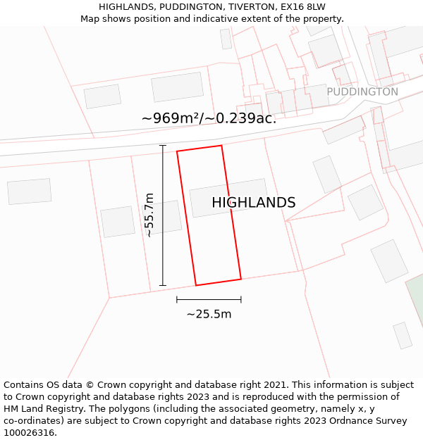 HIGHLANDS, PUDDINGTON, TIVERTON, EX16 8LW: Plot and title map