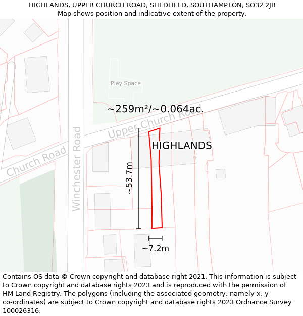 HIGHLANDS, UPPER CHURCH ROAD, SHEDFIELD, SOUTHAMPTON, SO32 2JB: Plot and title map