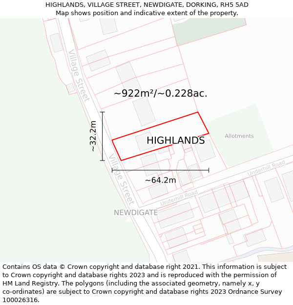 HIGHLANDS, VILLAGE STREET, NEWDIGATE, DORKING, RH5 5AD: Plot and title map