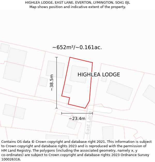 HIGHLEA LODGE, EAST LANE, EVERTON, LYMINGTON, SO41 0JL: Plot and title map