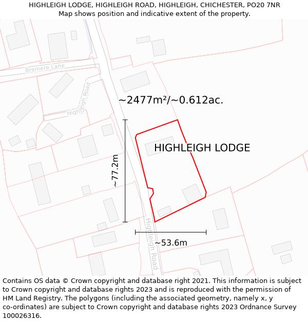 HIGHLEIGH LODGE, HIGHLEIGH ROAD, HIGHLEIGH, CHICHESTER, PO20 7NR: Plot and title map