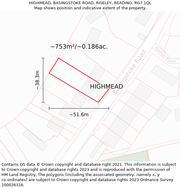 HIGHMEAD, BASINGSTOKE ROAD, RISELEY, READING, RG7 1QL: Plot and title map