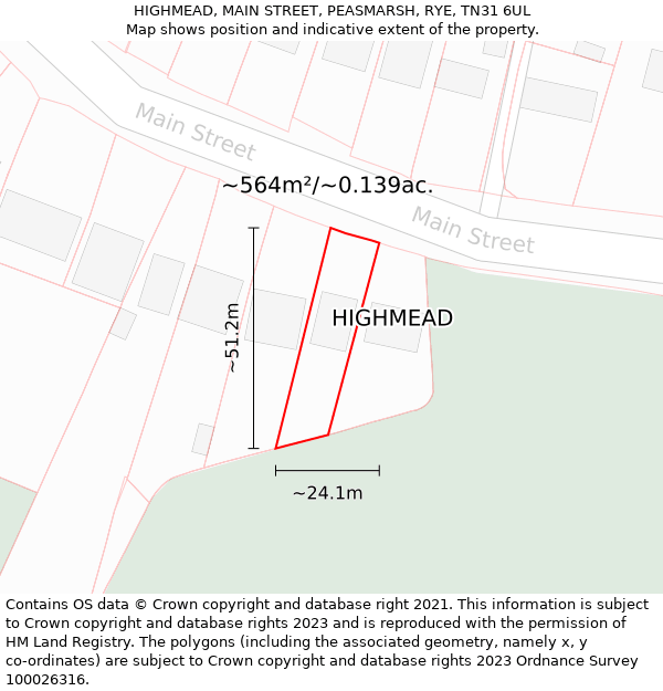 HIGHMEAD, MAIN STREET, PEASMARSH, RYE, TN31 6UL: Plot and title map