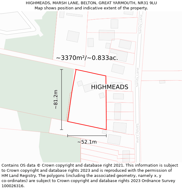 HIGHMEADS, MARSH LANE, BELTON, GREAT YARMOUTH, NR31 9LU: Plot and title map