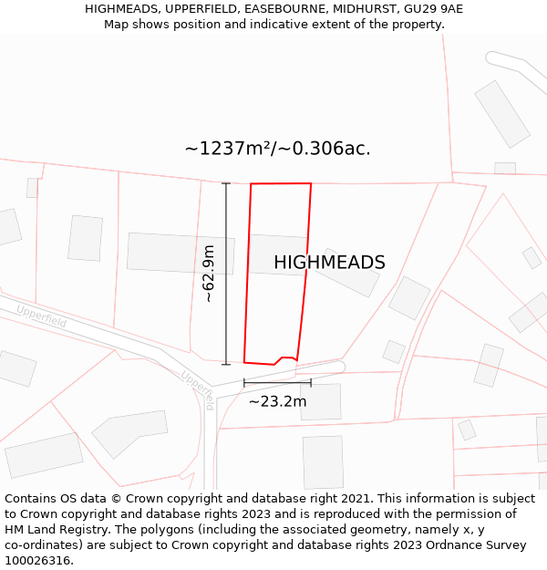 HIGHMEADS, UPPERFIELD, EASEBOURNE, MIDHURST, GU29 9AE: Plot and title map