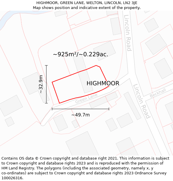 HIGHMOOR, GREEN LANE, WELTON, LINCOLN, LN2 3JE: Plot and title map