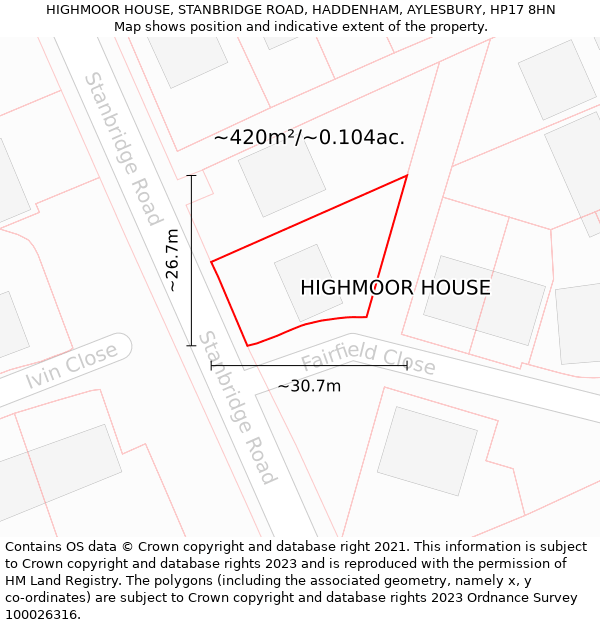 HIGHMOOR HOUSE, STANBRIDGE ROAD, HADDENHAM, AYLESBURY, HP17 8HN: Plot and title map