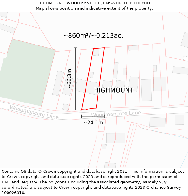 HIGHMOUNT, WOODMANCOTE, EMSWORTH, PO10 8RD: Plot and title map