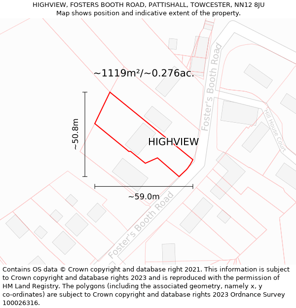 HIGHVIEW, FOSTERS BOOTH ROAD, PATTISHALL, TOWCESTER, NN12 8JU: Plot and title map