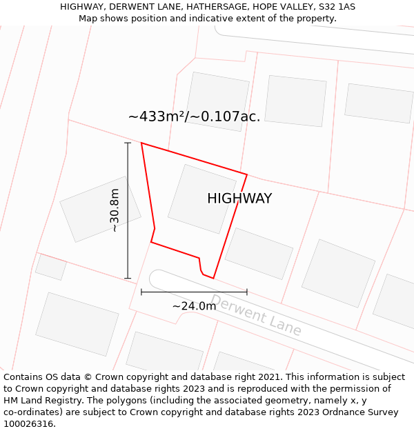 HIGHWAY, DERWENT LANE, HATHERSAGE, HOPE VALLEY, S32 1AS: Plot and title map