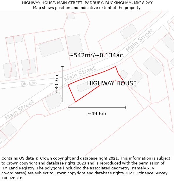 HIGHWAY HOUSE, MAIN STREET, PADBURY, BUCKINGHAM, MK18 2AY: Plot and title map