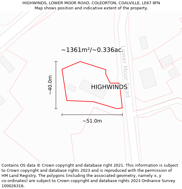 HIGHWINDS, LOWER MOOR ROAD, COLEORTON, COALVILLE, LE67 8FN: Plot and title map