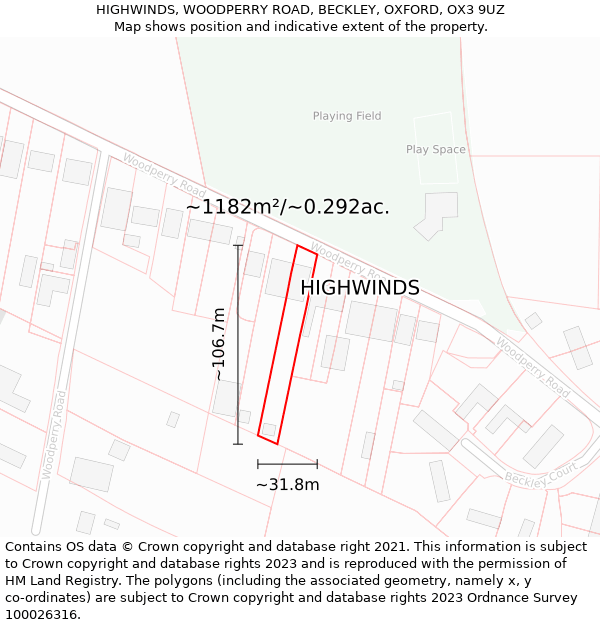 HIGHWINDS, WOODPERRY ROAD, BECKLEY, OXFORD, OX3 9UZ: Plot and title map