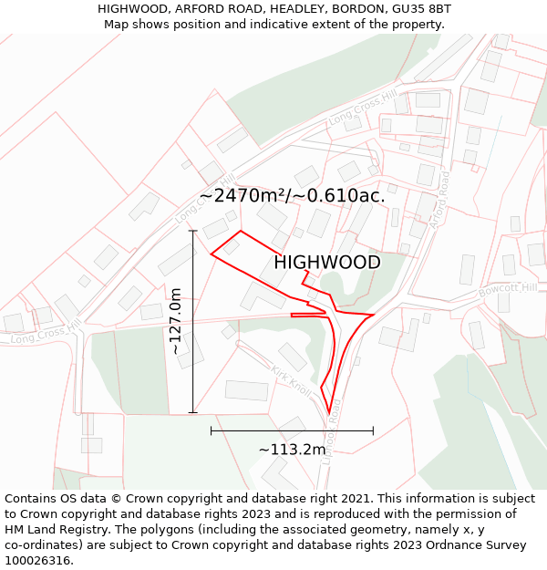HIGHWOOD, ARFORD ROAD, HEADLEY, BORDON, GU35 8BT: Plot and title map