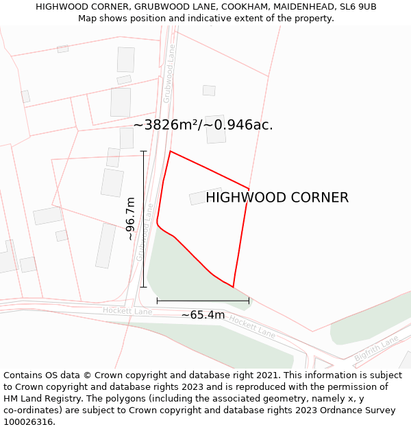 HIGHWOOD CORNER, GRUBWOOD LANE, COOKHAM, MAIDENHEAD, SL6 9UB: Plot and title map