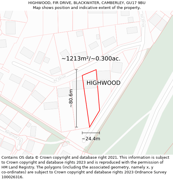 HIGHWOOD, FIR DRIVE, BLACKWATER, CAMBERLEY, GU17 9BU: Plot and title map