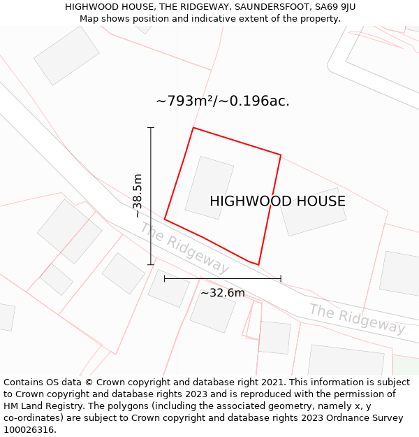 HIGHWOOD HOUSE, THE RIDGEWAY, SAUNDERSFOOT, SA69 9JU: Plot and title map