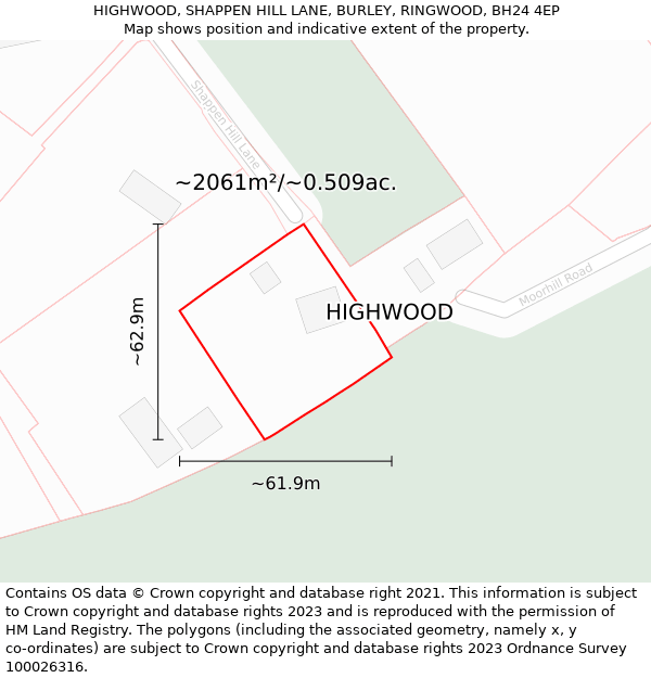 HIGHWOOD, SHAPPEN HILL LANE, BURLEY, RINGWOOD, BH24 4EP: Plot and title map