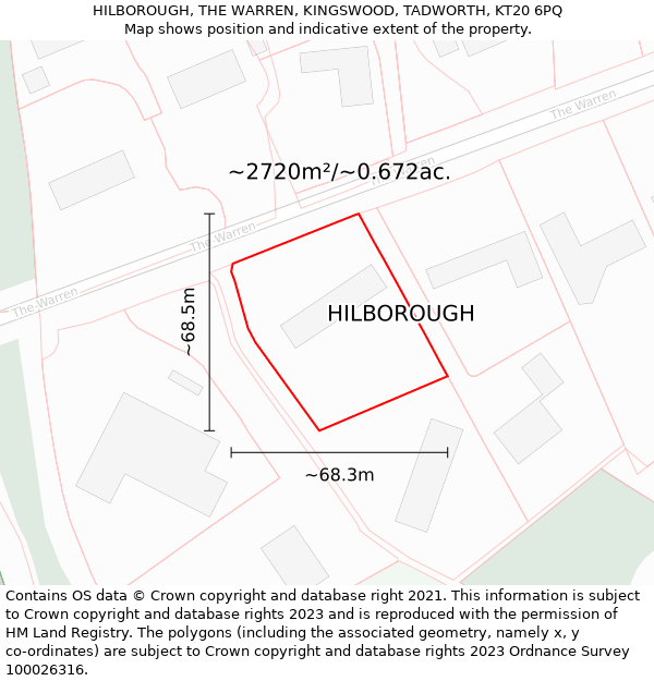 HILBOROUGH, THE WARREN, KINGSWOOD, TADWORTH, KT20 6PQ: Plot and title map