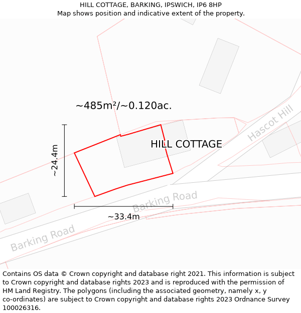 HILL COTTAGE, BARKING, IPSWICH, IP6 8HP: Plot and title map