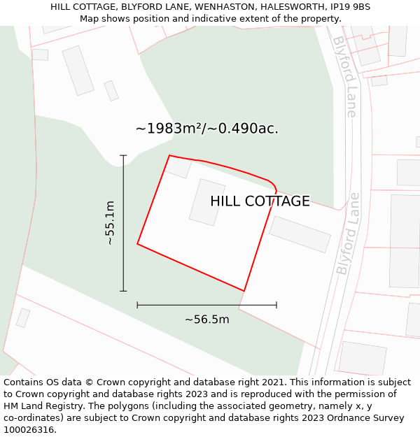 HILL COTTAGE, BLYFORD LANE, WENHASTON, HALESWORTH, IP19 9BS: Plot and title map