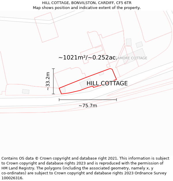 HILL COTTAGE, BONVILSTON, CARDIFF, CF5 6TR: Plot and title map