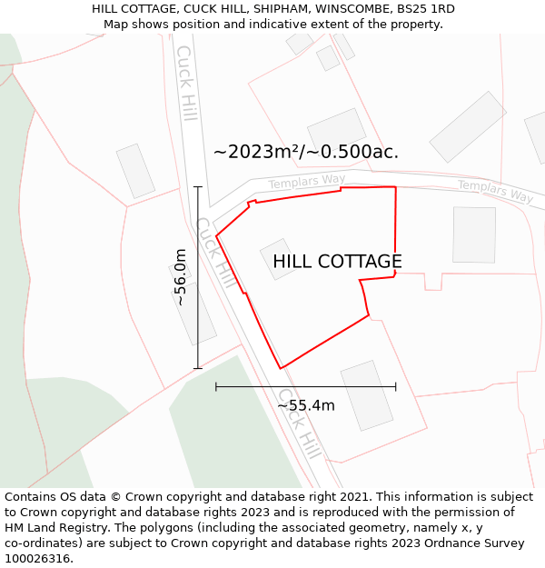 HILL COTTAGE, CUCK HILL, SHIPHAM, WINSCOMBE, BS25 1RD: Plot and title map