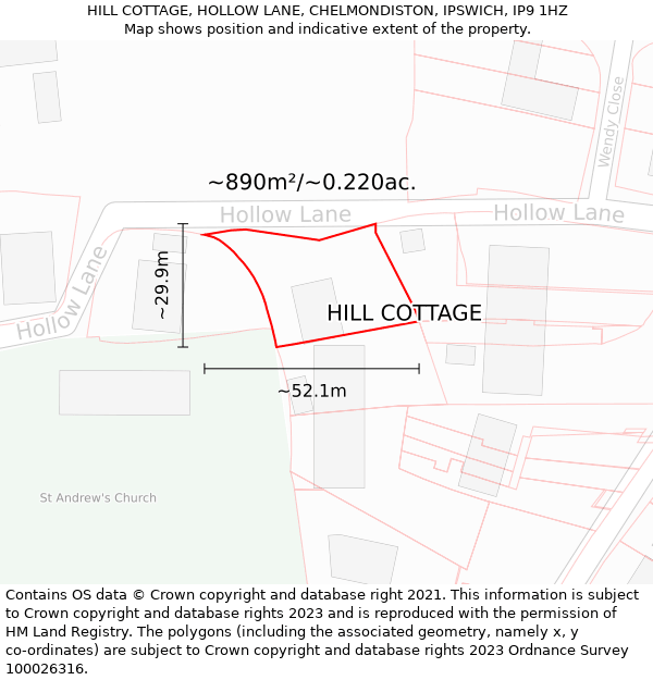 HILL COTTAGE, HOLLOW LANE, CHELMONDISTON, IPSWICH, IP9 1HZ: Plot and title map