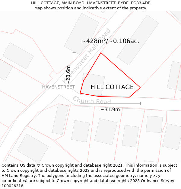 HILL COTTAGE, MAIN ROAD, HAVENSTREET, RYDE, PO33 4DP: Plot and title map