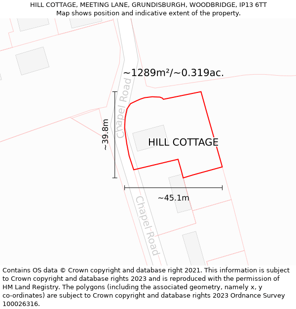 HILL COTTAGE, MEETING LANE, GRUNDISBURGH, WOODBRIDGE, IP13 6TT: Plot and title map