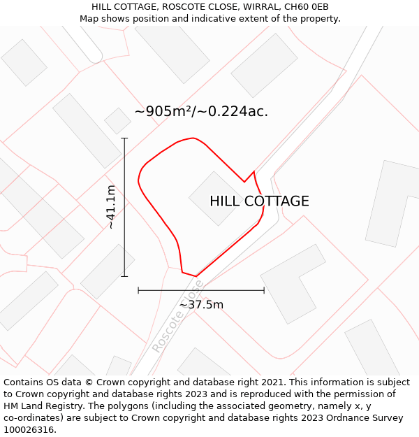 HILL COTTAGE, ROSCOTE CLOSE, WIRRAL, CH60 0EB: Plot and title map