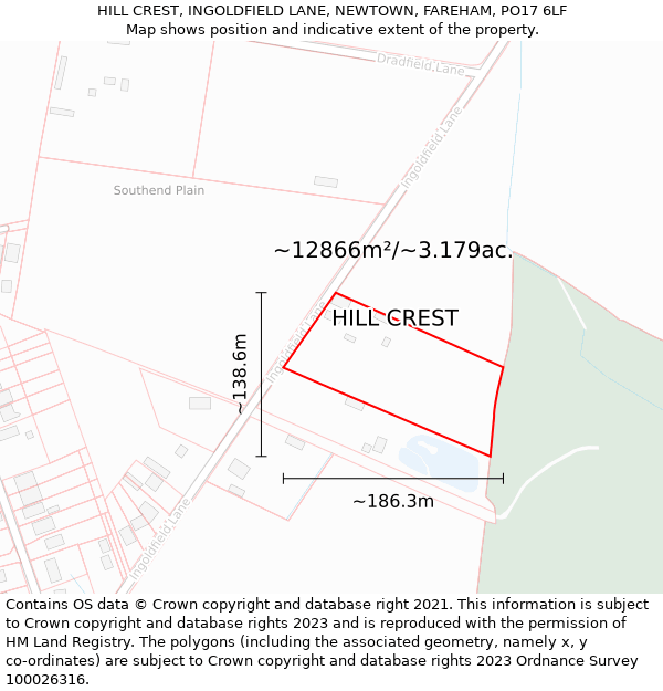 HILL CREST, INGOLDFIELD LANE, NEWTOWN, FAREHAM, PO17 6LF: Plot and title map