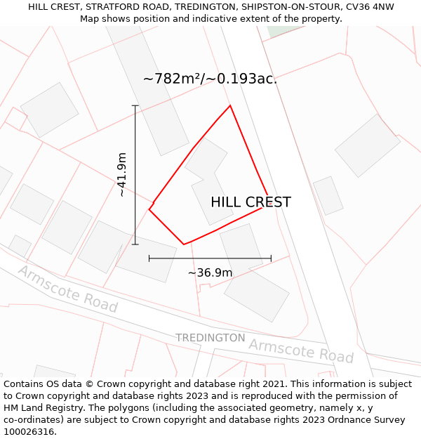 HILL CREST, STRATFORD ROAD, TREDINGTON, SHIPSTON-ON-STOUR, CV36 4NW: Plot and title map